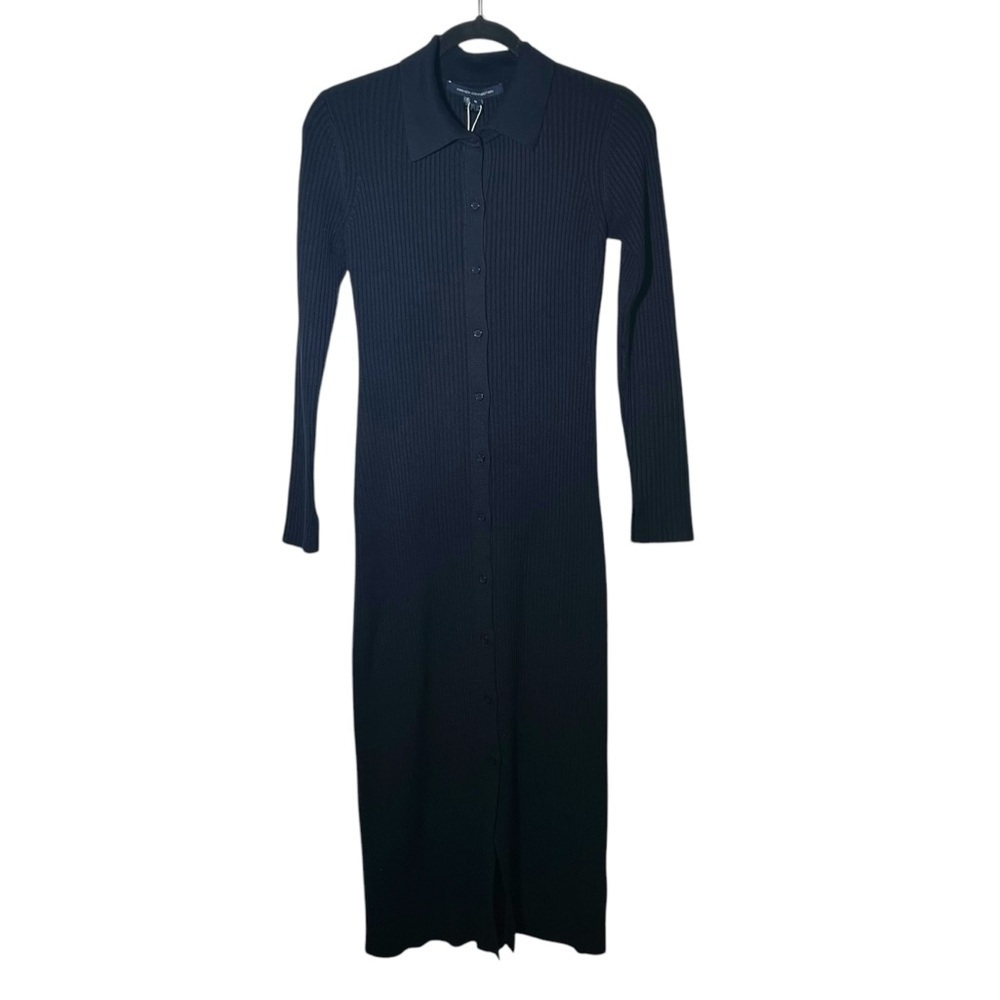 French Connection Blue Black Mari Pleated Ribbed Cardigan Midi Dress NWT Medium